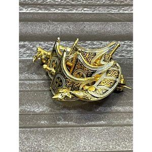 Old Spain Damascene Toledo Brooch Ship Black Enamel  Pin Lapel